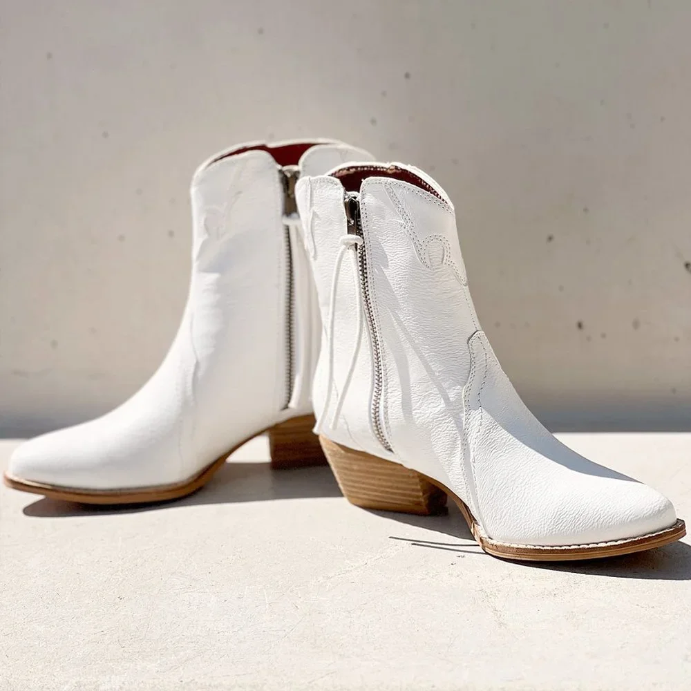 NEW Pointy Toe Stack Block Heel Zip Up Western Ankle Booties Boots Off White - Picture 13 of 16